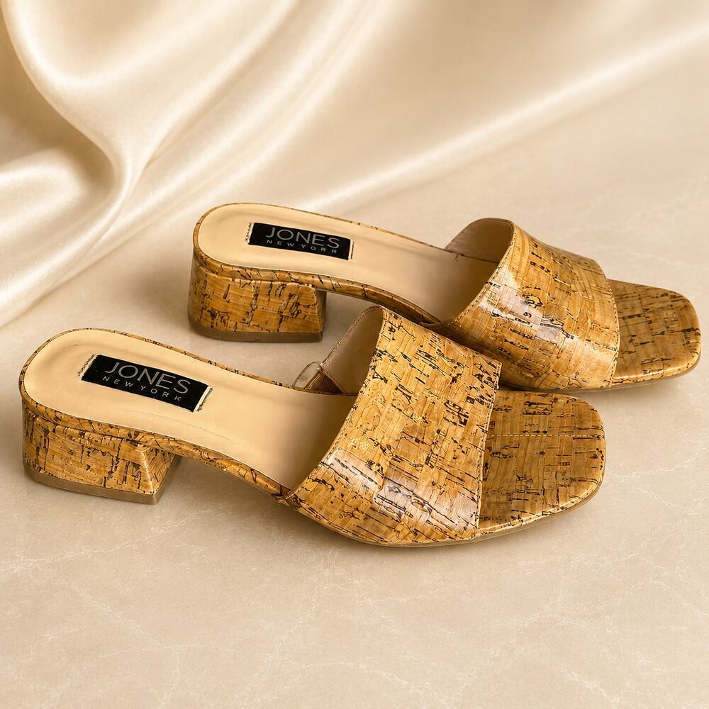 Jones New York Unis Faux Cork Square Toe Block Heel Slide Sandal Shoes Sz 7